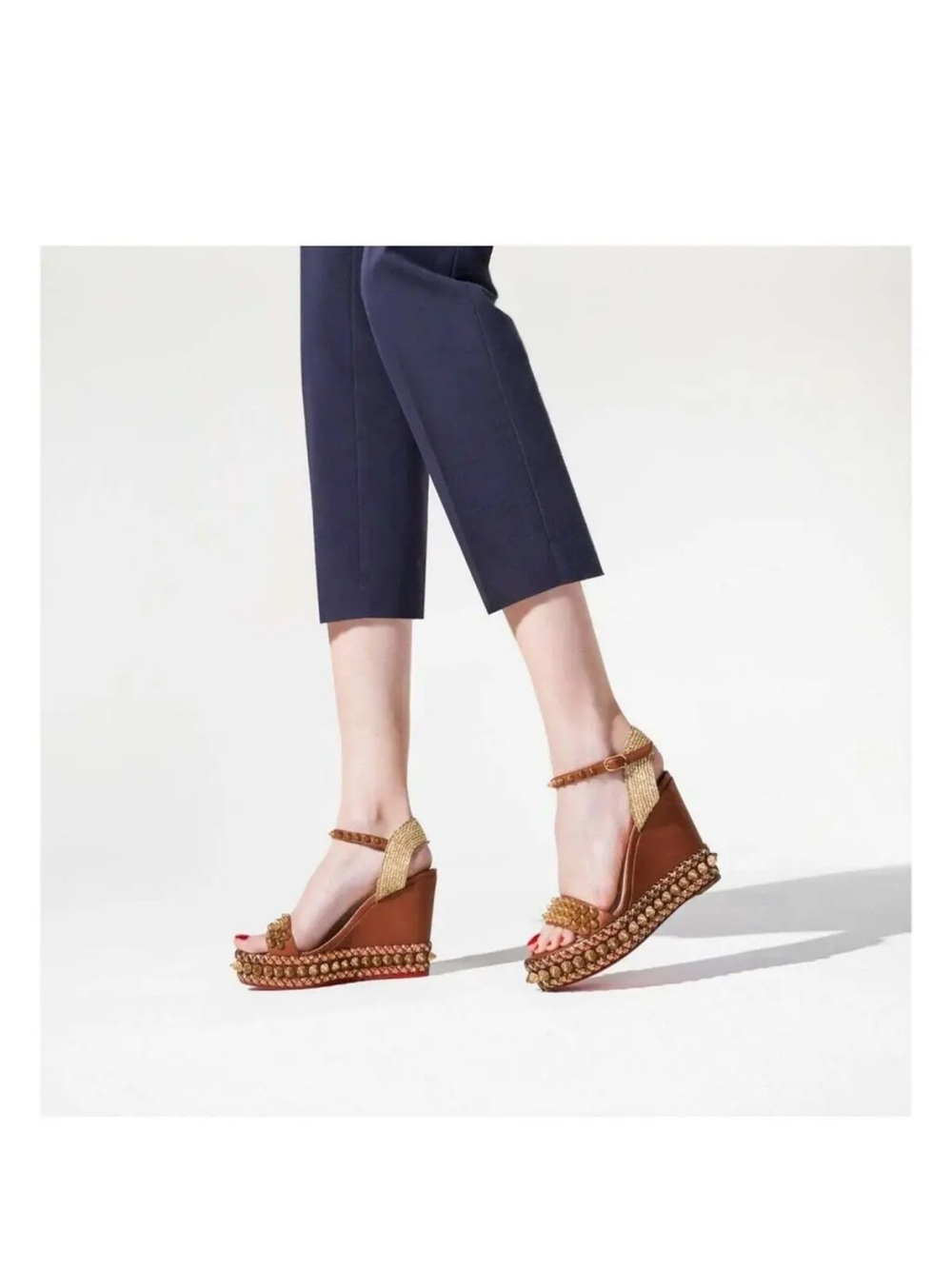 Christian Louboutin Cordorella 110 Brown Gold Studs Platform Wedge Sandal Heel - Picture 4 of 6